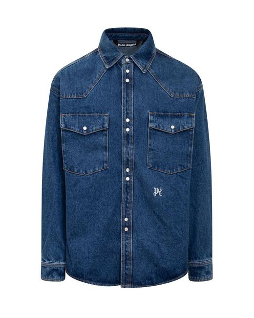 Palm Angels Blue Jeans Shirt With Monogram Pa for men