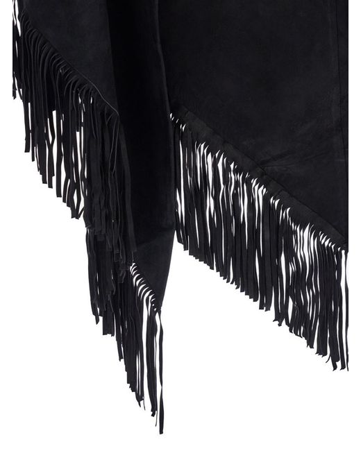 Plain Blue 'elena' Black Cape With Fringed Hem In Fabric Woman