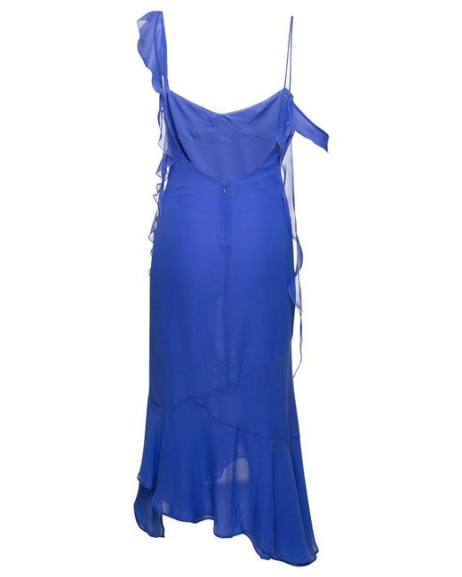 ANDAMANE Asymmetric Miranda Midi Dress With Ruffle-detailing In Blue Silk Woman