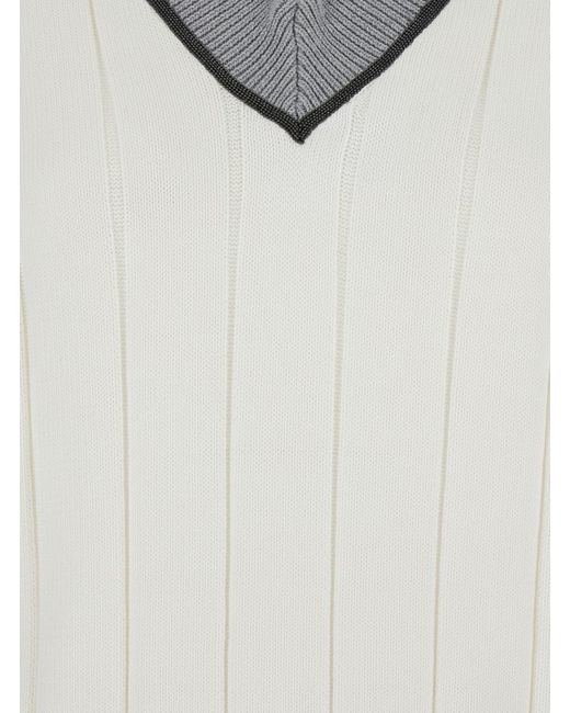 Brunello Cucinelli White T-Shirt With V Neck And Monil Detail On The Collar