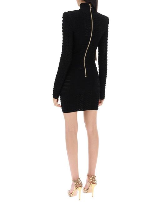 Balmain Black Turtleneck Mini Dress In Texturized Knit