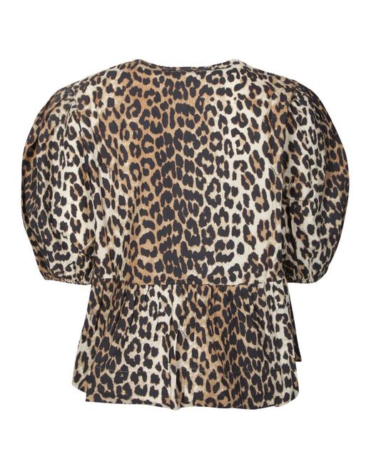 Ganni White Leopard-Print Blouse With Puff Sleeves