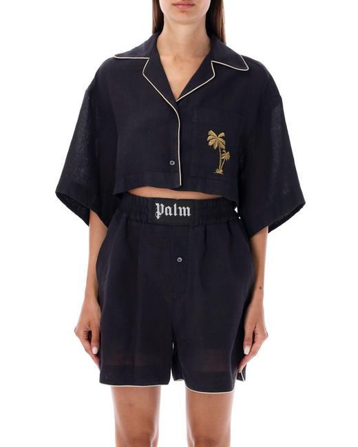 Palm Angels Black Cropped Linen Bowling Shirt