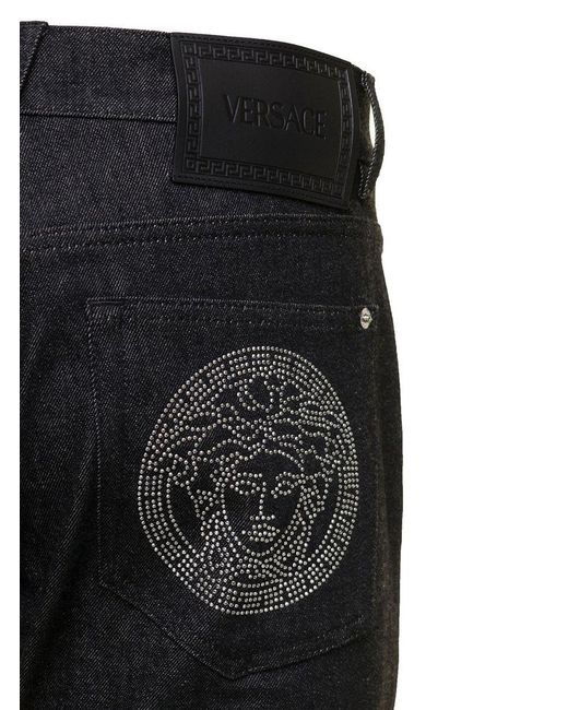 Versace Black Straight Jeans With Studded Medusa In Stretch Cotton Denim Man for men