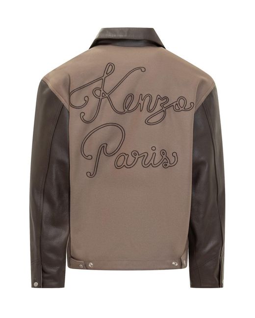 KENZO Brown Two-tone Leather And Fabric Bomber Jacket for men