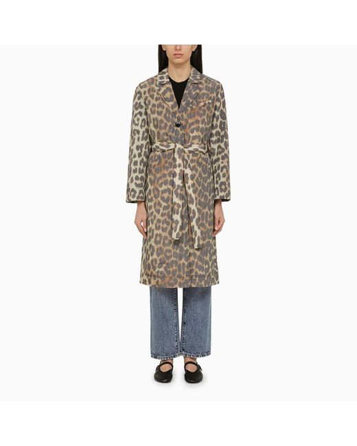 Ganni Brown Leopard Print Single-Breasted Coat