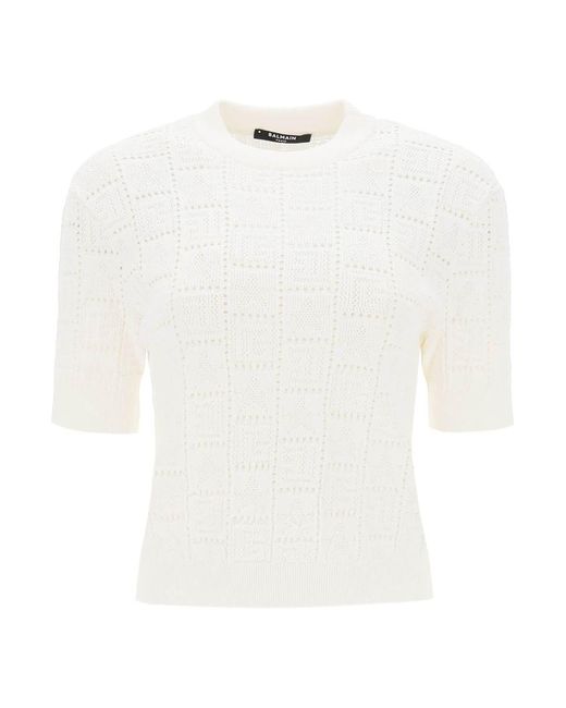 Balmain White Short-sleeved Top In Monogram Knit