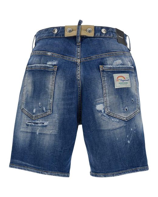 DSquared² Blue Light Bermuda Shorts With Rips And Logo Patch for men