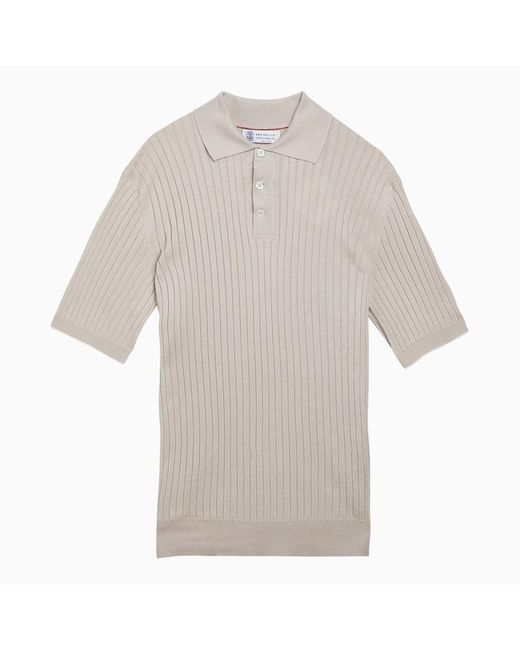 Brunello Cucinelli White Rope Coloured Cotton Ribbed Polo Shirt for men