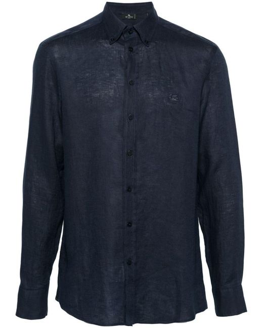 Etro Blue Logo-embroidered Linen Shirt for men