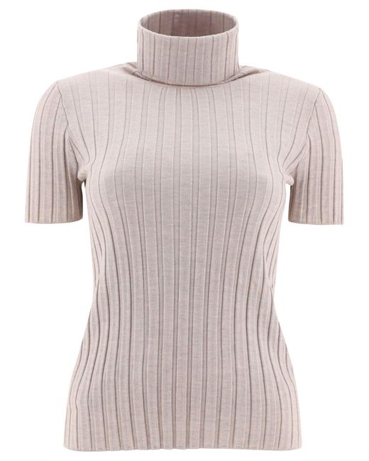 White Aspesi Short Sleeve Ribbed Turtleneck Sweater in White/Grey Womens Jumpers and knitwear Aspesi Jumpers and knitwear 
