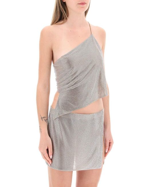 GIUSEPPE DI MORABITO Gray Cropped Top In Mesh With Crystals All-over