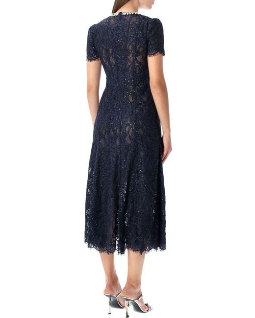 Self-Portrait Blue Lace Midi Dress With Pearl And Crystal Embellished Collar
