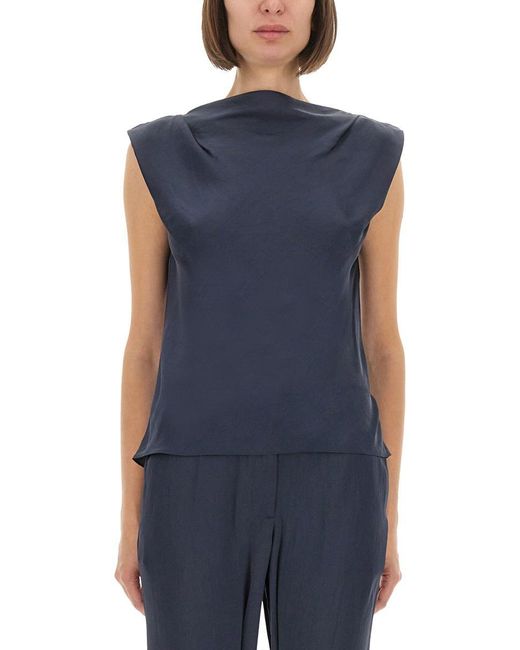 Theory Blue Cap Sleeve Satin Top With Design