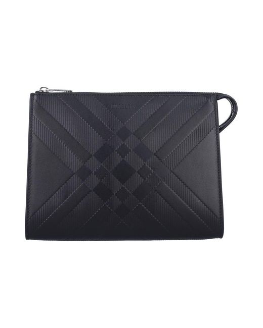 Burberry Blue Embossed Check Leather Pouch for men