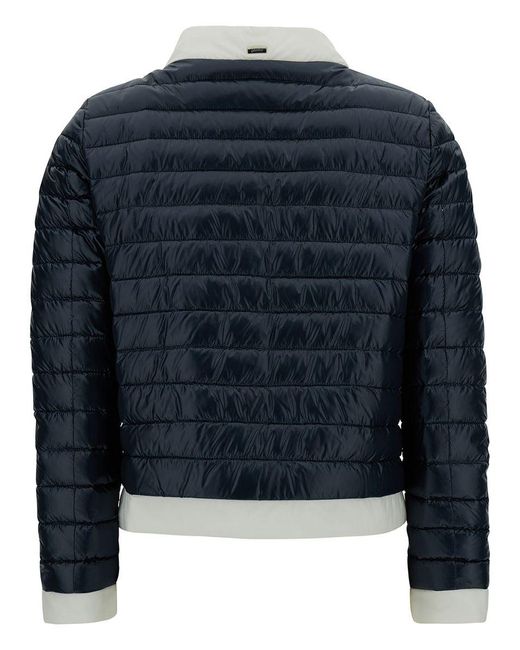 Herno Blue And Down Jacket With Funnel Neck And Contrasting Deta