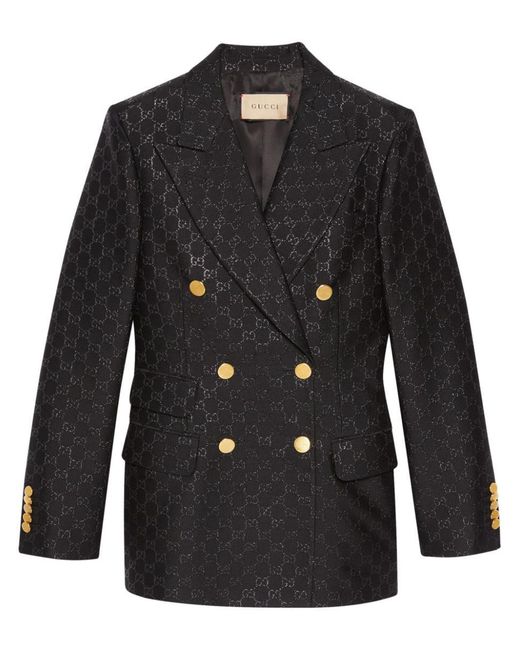Gucci Black Double-breasted Monogram-pattern Wool-blend Blazer
