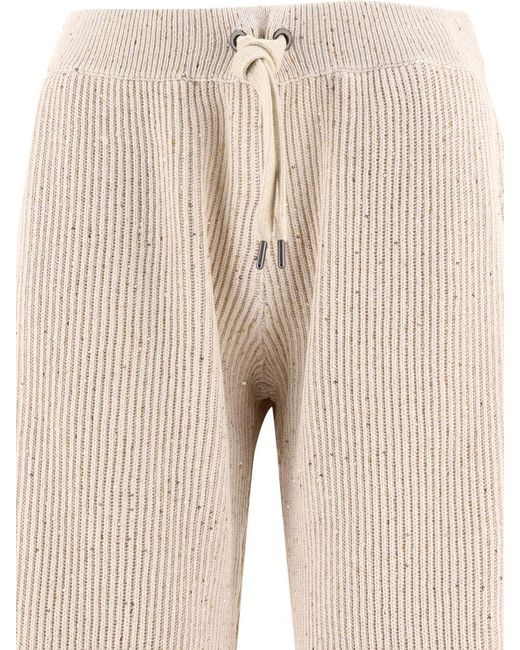 Brunello Cucinelli Natural Sequin-Embellished Ribbed Trousers