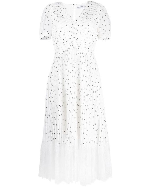 Self-Portrait White Lace-Trim Polka-Dot Midi Dress