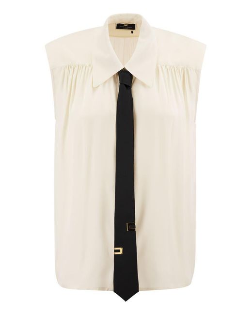 Elisabetta Franchi White Viscose Georgette Flared Shirt With Lettering Tie