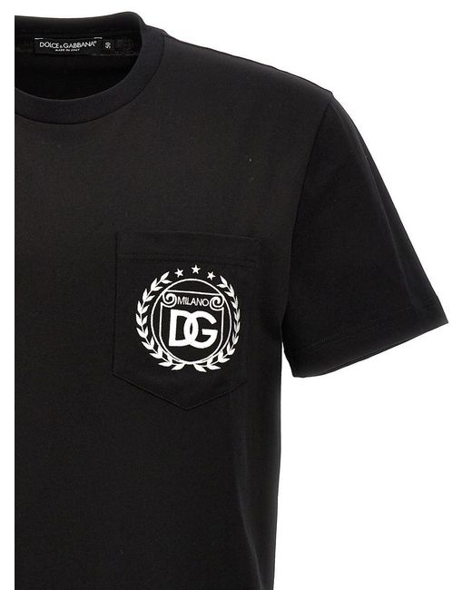 Dolce & Gabbana Black Cotton T-Shirt With Dg Milano Logo Embroidery for men
