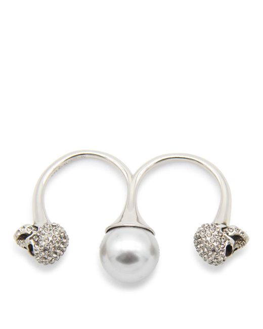 Alexander McQueen White Pearl And Brass Skull Double Ring