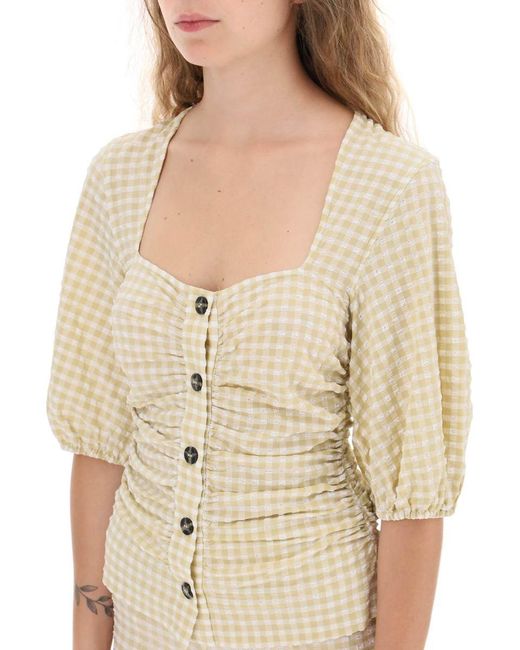 Ganni Natural Gathered Blouse With Gingham Motif