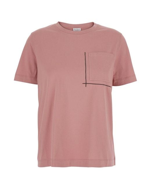 Brunello Cucinelli Pink Crewneck T-Shirt With Monil Detail On The Front
