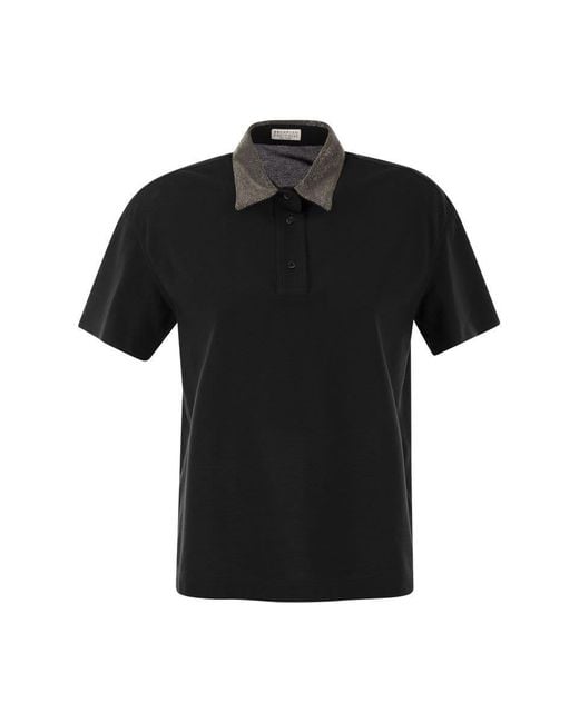 Brunello Cucinelli Black Cotton Polo Shirt With Jewelled Collar