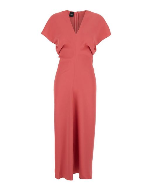 Plain Red Dress With V Neck And Short Sleeves