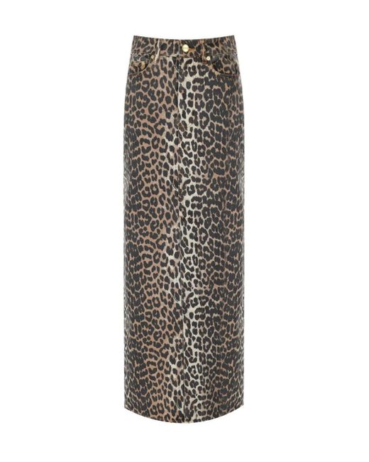 Ganni Brown Long Denim Skirt With Leopard Print