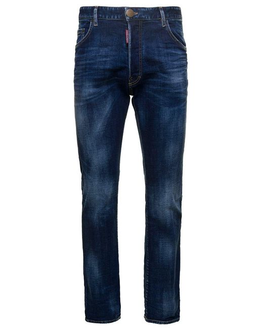 DSquared² Blue Straight Jeans With Logo Patch And Faded Effect for men