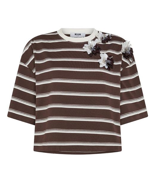 MSGM Brown Cotton T-Shirt With Striped Print And Floral Appliques