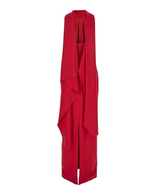 Solace London Red 'Emerson' Sleeveless Long Dress With Halterneck And Attatched Scarf On The Rear