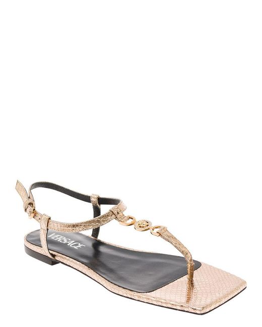 Versace Natural 'medusa '95' Gold-colored Low Sandals With Logo Detail In Snake-printed Leather Woman