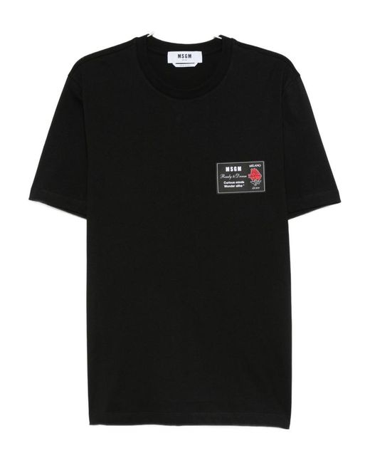 MSGM Black Cotton T-Shirt With Front Printed Logo for men