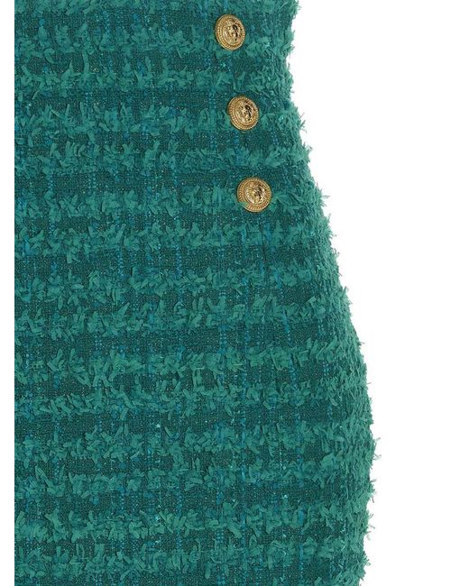 Balmain Green Logo Button Tweed Skirt