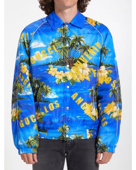 Gucci Blue Nylon Jacket With Print for men