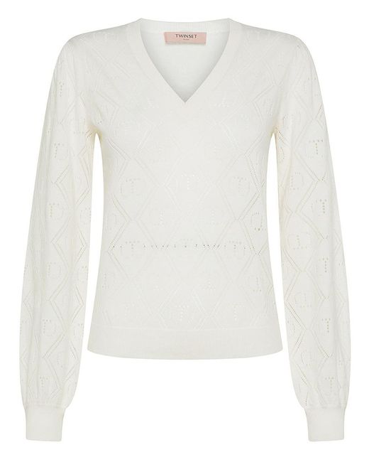 Twin Set White Quilted Cotton And Cashmere Blend Sweater
