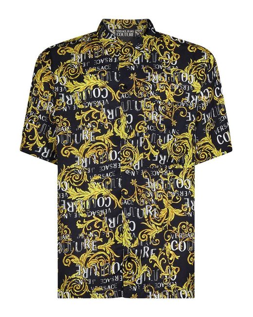 Versace Black Multicolor Short Sleeves Shirt With All-over Baroque Logo Print In Viscose for men
