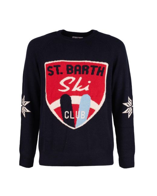 Mc2 Saint Barth Blue St. Barth Ski Club Jacquard Print Crewneck Sweater for men