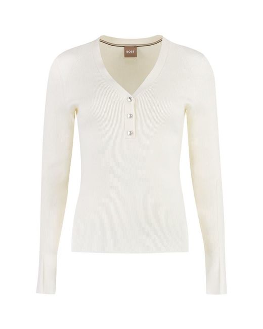 Boss White Ribbed Sweater