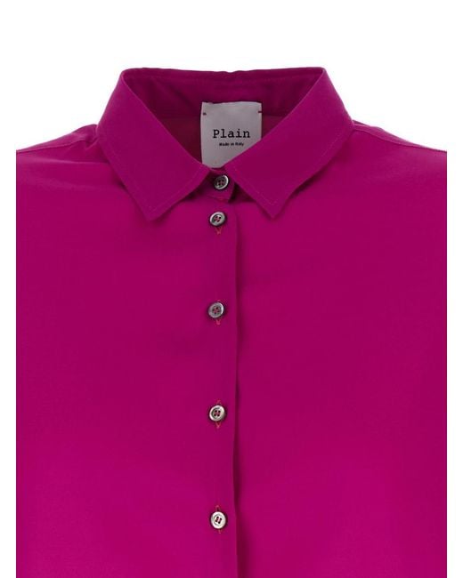 Plain Pink Fuchsia Relaxed Shirt With Mother-of-pearl Buttons In Satin Woman