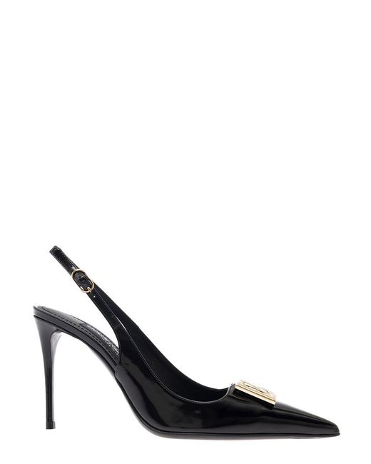 Dolce & Gabbana Black Slingback Pumps With Metal Dg Patch In Shiny Leather Woman