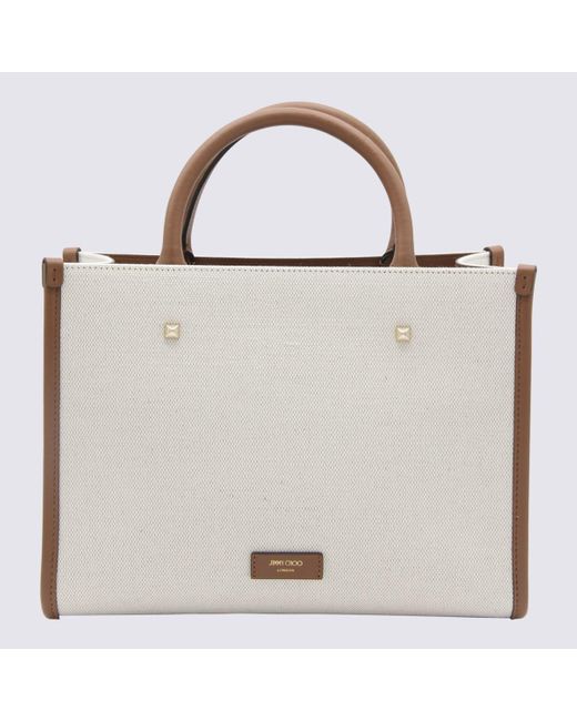 Jimmy Choo White Natural And Taupe Canvas Avenue Tote Bag