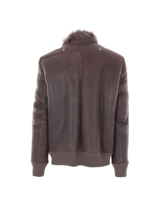 Rick Owens Brown Distressed Leather Jacket With Plush Shearling Lining for men