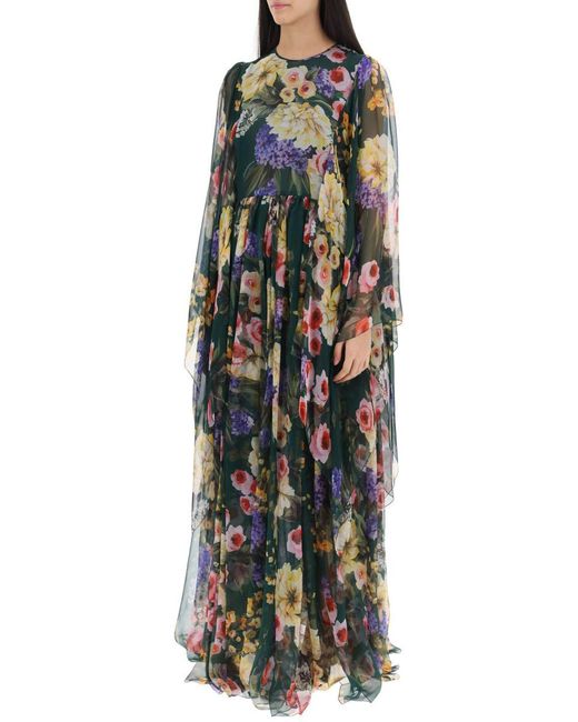 Dolce & Gabbana Green Chiffon Maxi Dress With Garden Print
