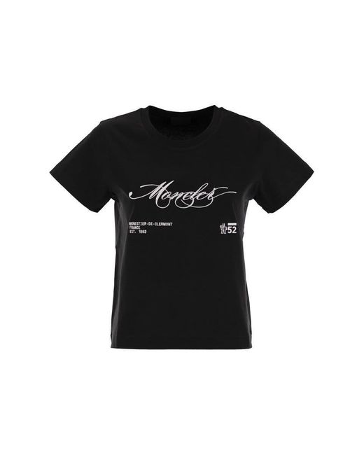 Moncler Black Cotton T-Shirt With Embroidered Cursive Logo