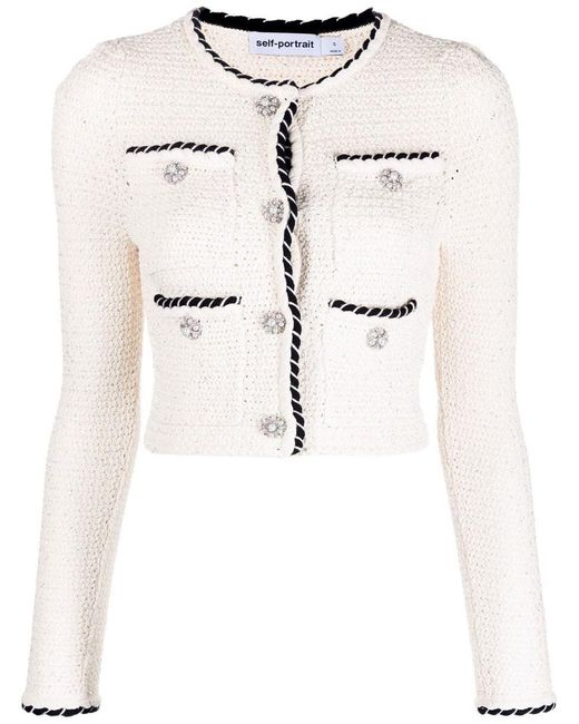 SelfPortrait Cropped Sequin Knitted Cardigan in Natural Lyst