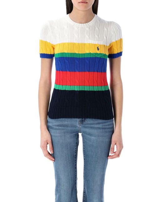Polo Ralph Lauren White Striped Cable Short-Sleeve Jumper